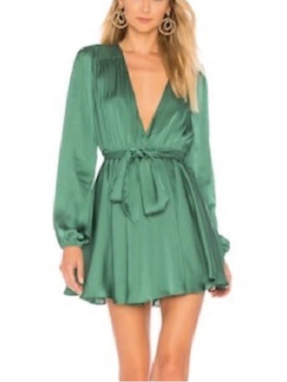 #500 LOVERS + FRIENDS Emerald Satin Lined Wrap Mini Dress, A BEAUTY!